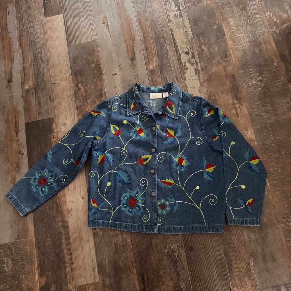 Studio Works Women's Blue Denim Floral Embroidered jacket BOHO cottage core Sz M
